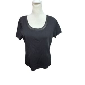 Apostrophe Womens Black Knit Short Sleeve Scoop Neck Crochet Trim Top Large K49